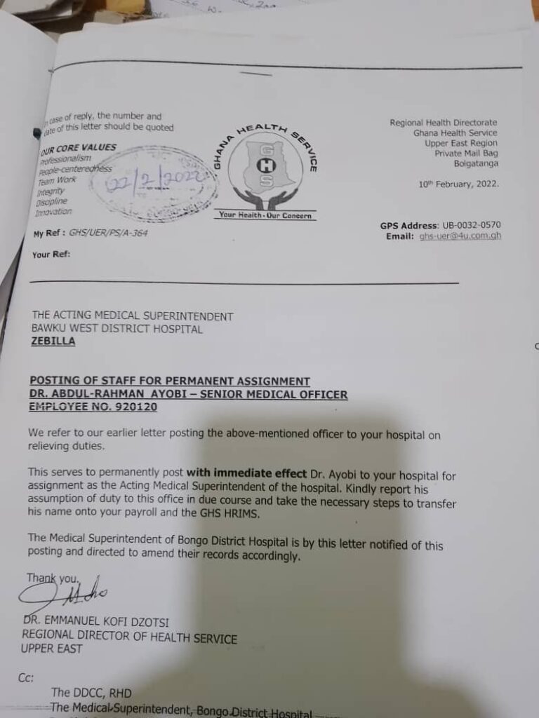 POSTING LETTER OF DR. RAHMAN AYOBI TO BAWKU WEST HOSPITAL